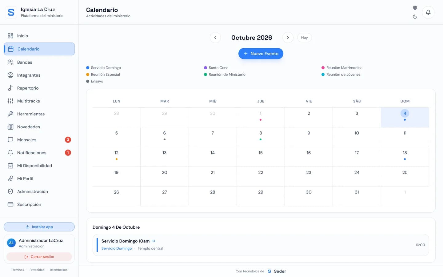Calendario mensual de Seder con los eventos del ministerio coloreados por tipo