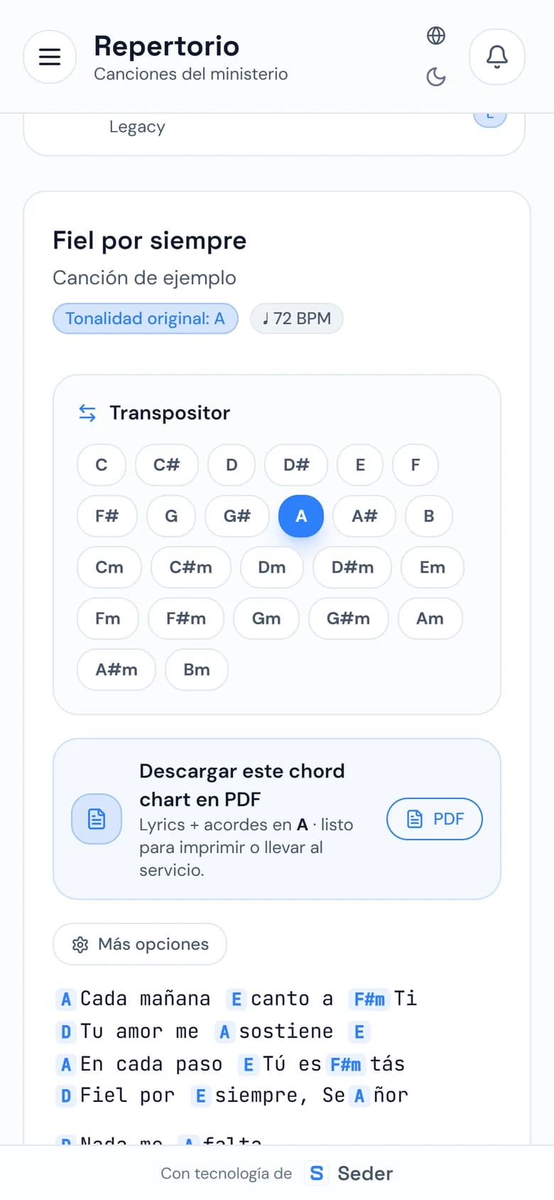 Canción con acordes y transpositor en el celular