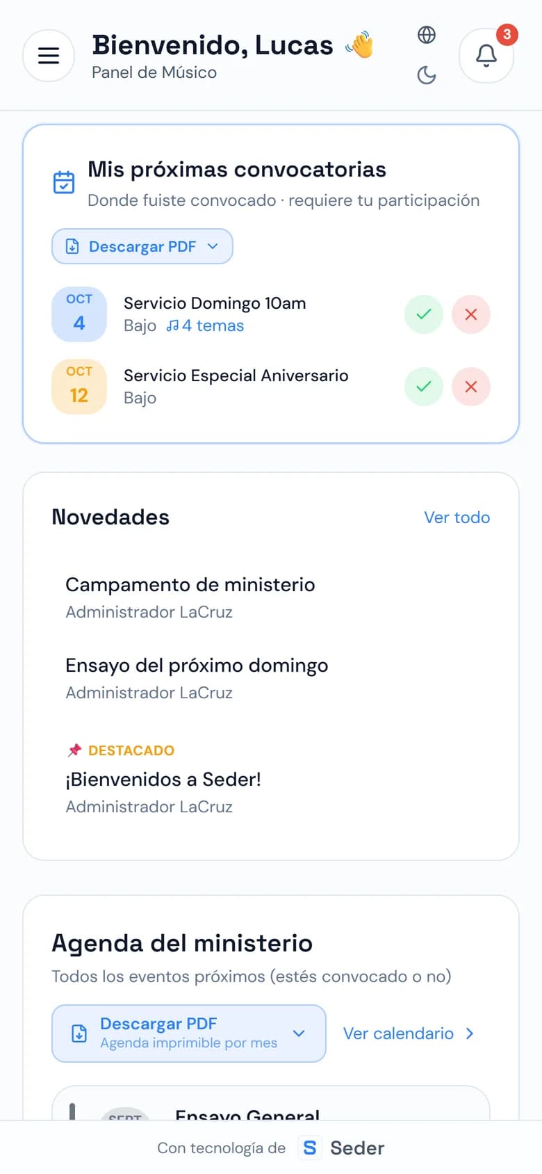 Inicio de un músico en el celular, con dos convocatorias para confirmar