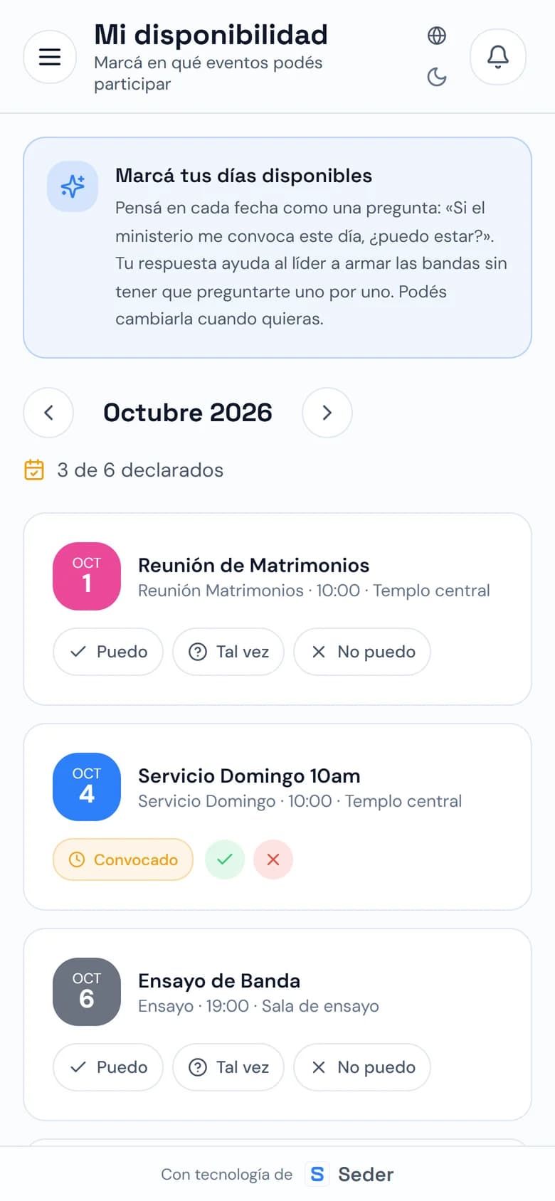 Pantalla Mi disponibilidad en el celular, con las fechas del mes