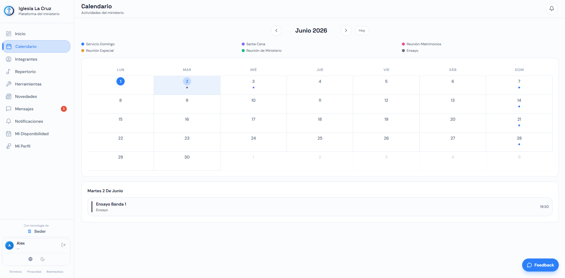 Vista de calendario mensual de Seder con eventos coloreados por tipo